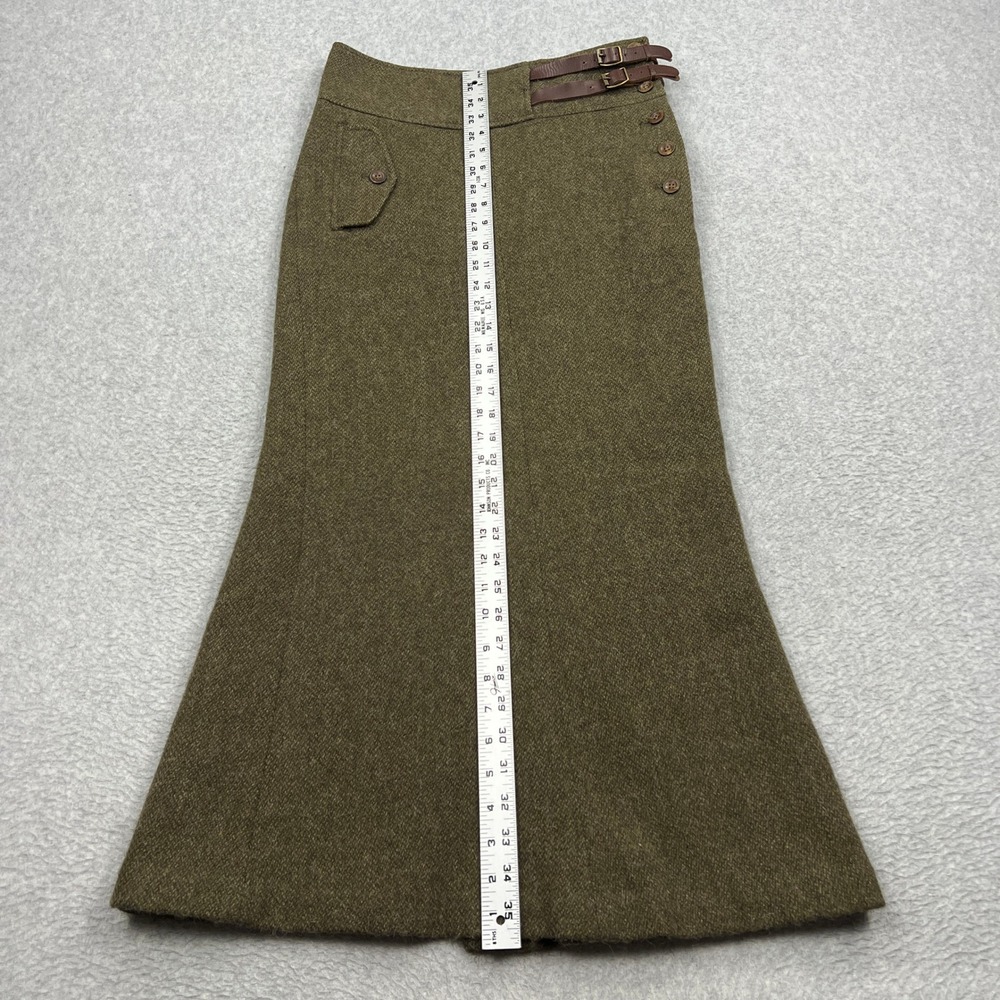 VTG Ralph Lauren Skirt Womens 2 Green Wool Maxi Leather Buckle Tweed Equestrian - Picture 6 of 10